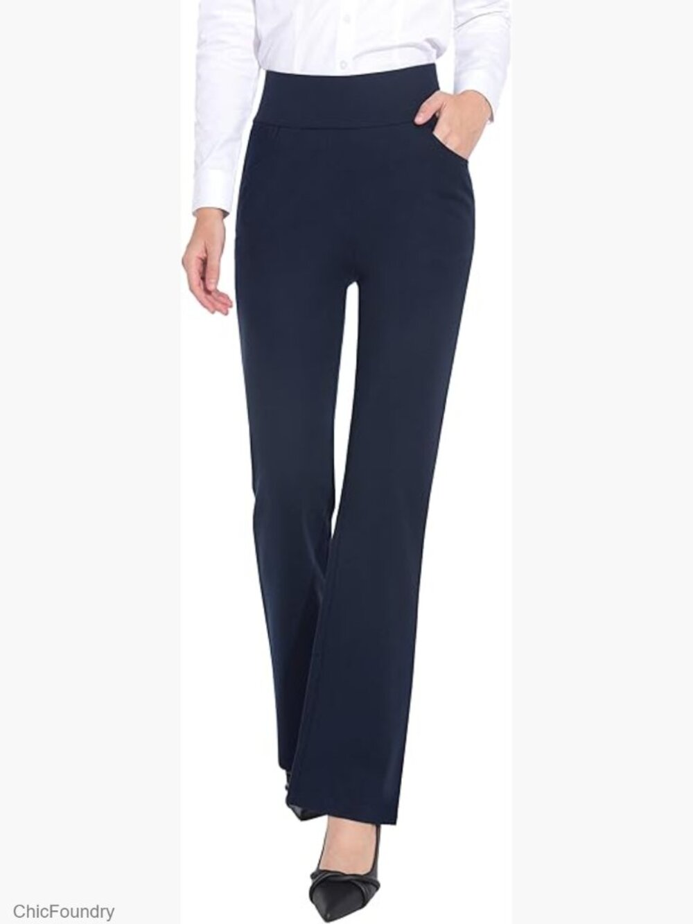 Womens High Waist Pull On Dress Pants Tummy Control Bootcut Trousers 4 Pockets